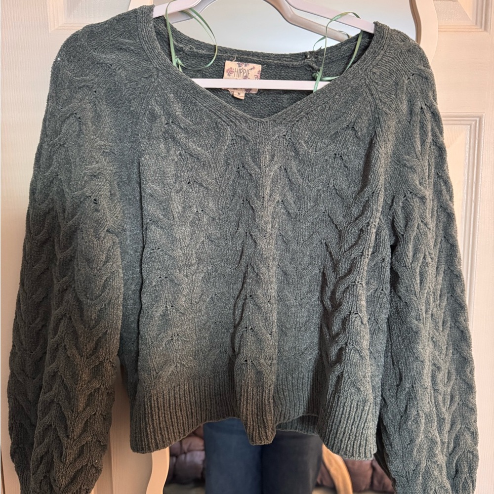Hippie Rose Green V-Neck Cropped Sweater